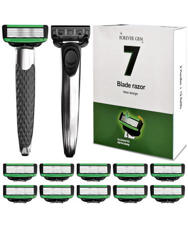 Ultimate Comfort Shaving Set for Men - 7 Blades Lubricating Strip Non-Slip Handle 12 Refills Ergonomic Design Vitamin E & Aloe Vera Infused - Buy Online on GoSupps.com