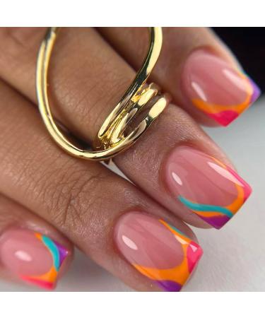 24Pcs French Tips False Nails Short Square Nude Pink Press on Nails Glossy Ballerina Glue on Nails with Elegant Design Acrylic Full Cover Stick on Nails for Women Girls Manicure Decoration Colorful