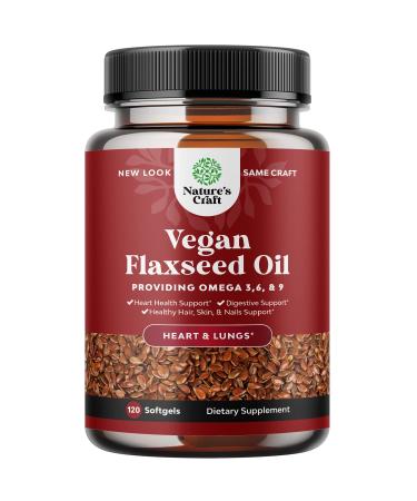Vegan Flaxseed Oil 1000mg Softgels - Cold Pressed Vegan Omega 3 Supplement for Hair Skin and Nails Heart and Brain Health - Organic Flaxseed Oil Softgels Providing Plant Based Omega 3 6 9 and ALA