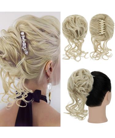 S-Noilite Claw Clip Messy Bun Hair Pieces Tousled Updo Hair Bun Hair Chignon Curly Wavy Hair Scrunchies Synthetic Ponytail Hair Extensions for Women - Ash Blonde to Bleach Blonde 24T613