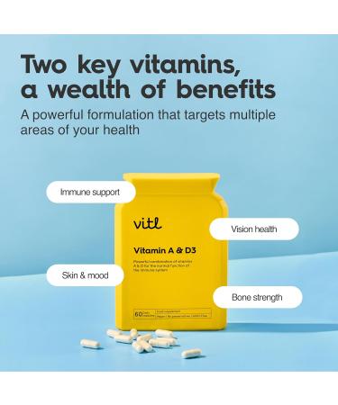 Vitl Vitamin A & D3 Daily Supplement - 60 High Strength Easy Swallow Capsules - Support for The Immune System & Overall Wellbeing - Vegan Friendly Tablets Vitamin A & D3 60 count (Pack of 1) - Buy Online on GoSupps.com