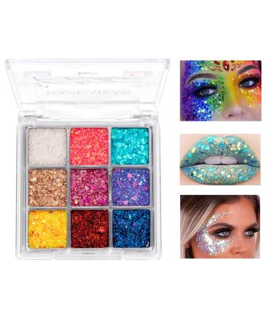 NICEFACE 9 Colors Bright Glitter Eyeshadow Palette  Colorful Shimmer Waterproof Long Lasting Sparkling Body Glitte  Eye Shadow Palette for Body  Eyes  Lips  Face (Set 02)