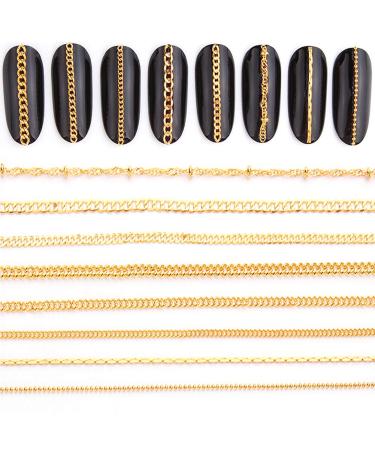 Nail Chain 3D Nail Art Decoration Gold Nail Charms 8 Strips 50cm Glitter Nail Art Design Chains Metal Punk Nail Studs Jewelry Accessory Nails Supply for Women DIY Manicure Tips Decor