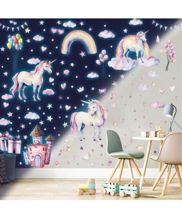 Glow in The Dark Stars for Ceiling Unicorn Wall Stickers Unicorn Wall Decals for Girls Bedroom Luminous Glow Unicorn Stars Ceiling Stickers for Baby Boys Kids Playroom Living Room Nursery Unicornrainbow WallStickers