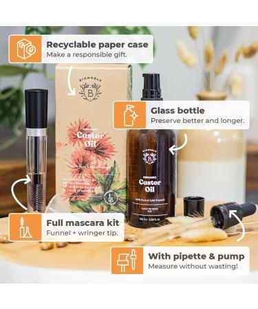 Bionoble Organic Castor Oil 100ml - Cold Pressed for Lashes, Eyebrows, Hair, Beard & Nails - Vegan & Cruelty Free - Glass Bottle with Pipette, Pump & Mascara Kit - 100% Pure Natural Castor Oil - Buy Online on GoSupps.com