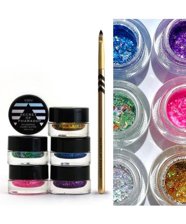 Secret of Pharaoh Holographic Chunky Glitter Gel Set with Brush | Perfect for Hair Body and Face Makeup Vibrant Colores Festival and Party Makeup - Versatile and Long-Lasting Shimmering Effect