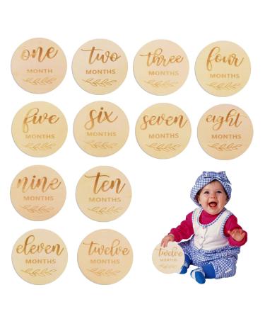 NPQ 12 Pcs Baby Monthly Milestone Cards 10cm Round Wooden Baby Announcement Sign for New Parents Gift Set Newborn Photography Baby First Year Growth Commermoration Photo Props