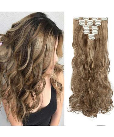 Clip in extensions hair extension like real hair synthetic hair part 8 tresses 18 clips for complete full head hair extensions 60cm wavy light brown & dark blonde