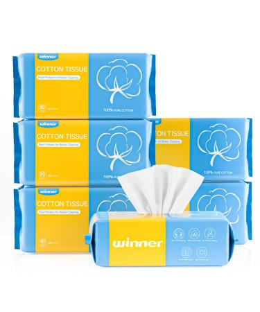 Winner Cotton Tissues Facial Towels Biodegradable Disposable Face Towel Double Sided Texture 100% Cotton for Facial Clean and Skin Care 7.87x7.87inch Pack of 6 Total 480 Count White-480 Counts