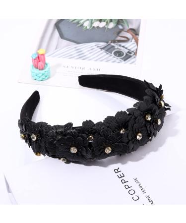 Padded Floral Crystal Headband | Rhinestone Embellished Leather Hair Hoop for Women and Girls - Black - Buy Online on GoSupps.com