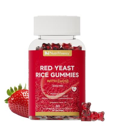 Red Yeast Rice with Coq10 Gummies, Red Yeast Rice 2400mg with Coq10 200mg Supplements for Cholesterol Support and Heart Health Support, Sugar free, Vegan, Non-GMO, Strawberry Flavor, 60 Counts