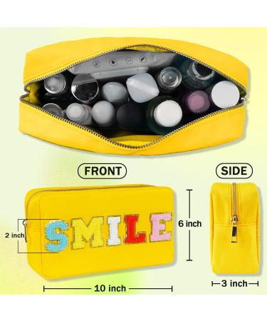 Yellow Nylon Waterproof Preppy Makeup Bag with Chenille Letter Patches - Women's Travel Organizer for Toiletries and Cosmetics - Buy Online on GoSupps.com