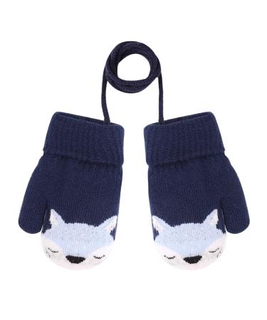 Girls Boys Cute Fox Knitting Short Full Finger Gloves Toddler Kids Winter Thermal Plush Lining Cycling Camping Gloves Mitten for 1-3 Yrs Navy Blue