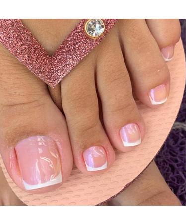 Short Square French False Toenails on Nails Glitter Press on Toenails Nude Glitter Stick Fake Toe Nails Acrylic Full Cover Toenails for Women Girls Nail Art Accessories (French White Pink)