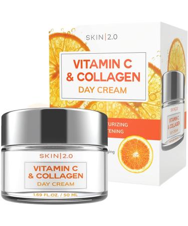 Skin 2.0 Vitamin C and Collagen Daily Face Moisturizer - Anti-Aging  Prevents Sun Damage  Skin Tightening  Brightening Day Cream - Cruelty Free Korean Skincare For All Skin Types - 1.69 Fl. oz