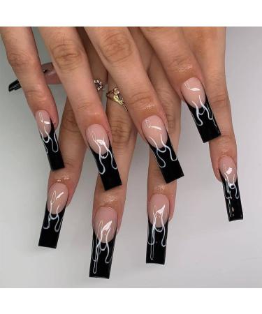 Coffin False Nails Long 24Pcs Black French Fake Nails with Flame Acrylic Press on Nails Nude French Tips False Nail with Nail Glue Ballerina Stick on Nails for Women Girls Nail Art