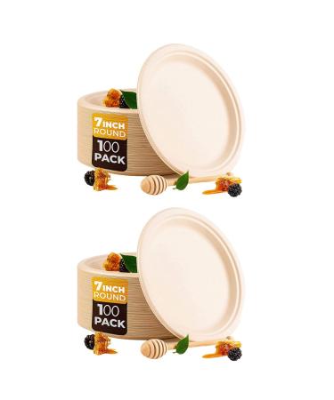 Clisted 200 Pack 7in Compostable Disposable Round Bagasse Paper Plates Biodegradable Sugarcane Fibre