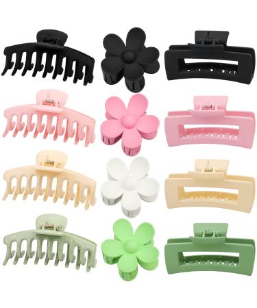 12 PCS Large Hair Claw Clips Flower Claw Hair Clips Rectangle Big Claw Clips for Women Girls  3 Styles Non Slip Strong Hold Matte Jaw Clips 90's Hair Clamps for Thick Thin Hair (Chic Style)