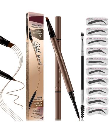 Microblading Eyebrow Pen 4-Fork-Prong Ultra Fine Tip Magic Eye Brow Pencil 2-in-1 Dual-Ended with Brows Stencil&Brush for Natural Hair-Like Waterproof Eyebrow Makeup Kit for Women#Dark Brown #02Dark Brown