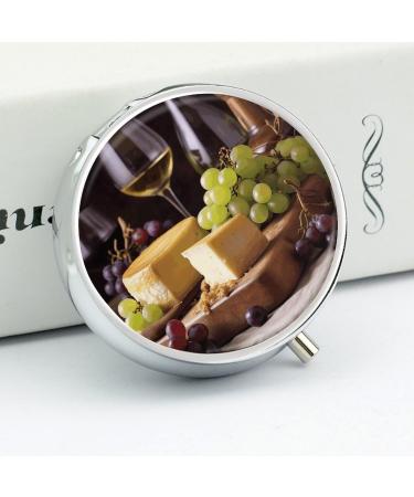 Portable Round Pill Box - Decorative 3 Compartment Organizer with White Wine Cheese Cake Grapes Print - Stylish Metal Pocket Pill Case - Buy Online on GoSupps.com