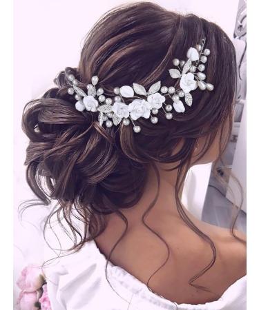 IYOU Flower Bridal Hair Vine Silver Pearl Bride Headband Leaf Wedding Headpiece Communion Prom Hair Accessories for Women and Girls