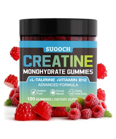 SUOOCH Creatine Gummies for Women & Men Raspberry Flavor Creatine Monohydrate Gummies for Exercise Fitness Training Work & Travel 120 Count Delicious Chewable Gummy Portable