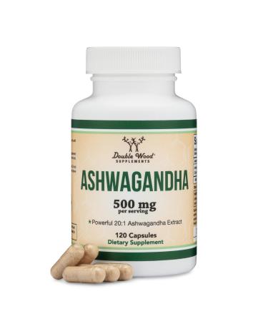 Ashwagandha Capsules 120 Count (500mg Extract 20:1 Potency) Adaptogen Stress Relief by Double Wood