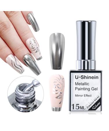 15ml Metal Paintied Gel Silver Upgrade Metallic Painting Gel Mirror Nail Polish 3D Drawing Mirror Nail Gel Polish Glossy Soak Off UV/LED DIY Nail Art Manicure