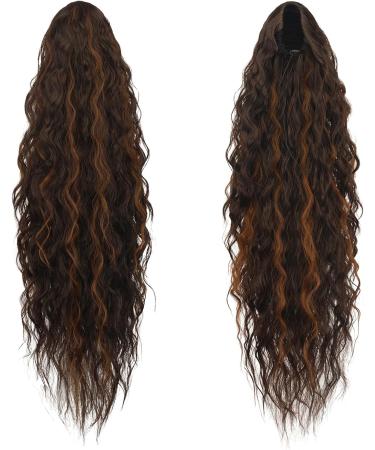 FESHFEN 26 inch Long Curly Wavy Drawstring Ponytail Extensions | Dark Brown and Light Auburn Synthetic Hair | Clip in Curly Hairpiece for Women - Buy Online on GoSupps.com