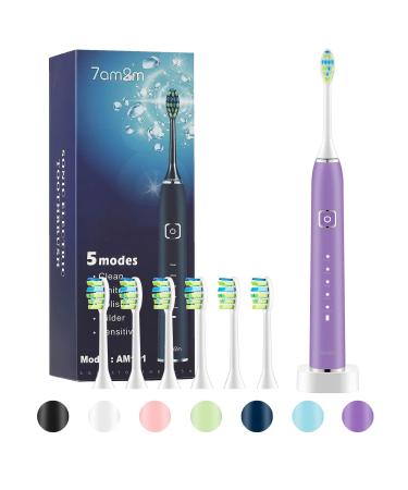 7am2m Sonic Electric Toothbrush with 6 Brush Heads for Adults and Kids Wireless Fast Charge One Charge for 60 Days 5 Modes with 2 Minutes Built in Smart Timer Electric Toothbrushes(Purple) No Travel Case Purple