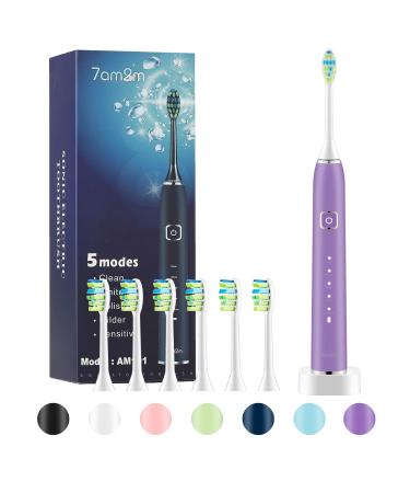 7am2m Electric Toothbrush with 6 Brush Heads for Kids and Chlidren, One Charge for 100 Days,Wireless Fast Charge, 5 Modes with 2 Minutes Build in Smart Timer,IPX7 Waterproof(Purple)