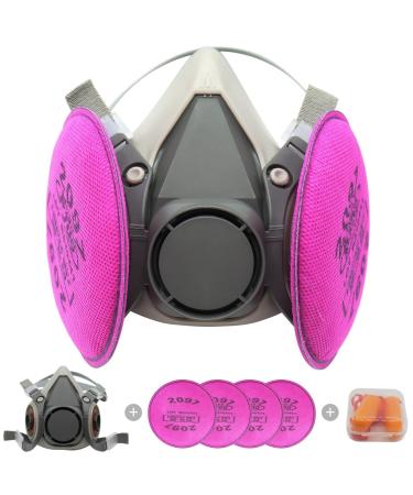 Respirator mask with Filters Set - Reusable Half Facepiece Cover with 4pcs 2097 Filter and Earplugs for Paint Epoxy Resin Fumes Woodworking Organic Vapor Gas Perfect for House DIY Project