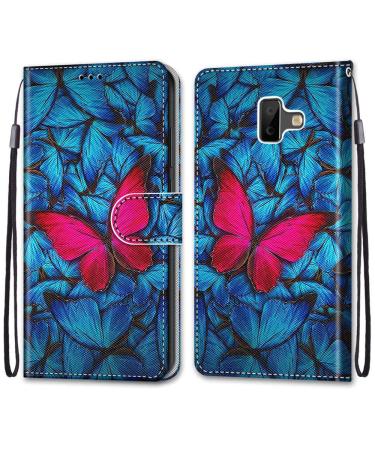 Nadoli Leather Mobile Phone Case for Samsung Galaxy J6 Plus Colorful Painted Blue Red Butterfly Carrying Strap Card Slot Magnet Stand Protective Case Wallet Leather Case Bag Case Samsung Galaxy J6 Plus Blue Red Butterfly