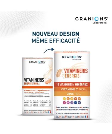 Granions Vitamineris Energy 1000mg - 30 Effervescent Tablets 30 Days - Continuous Energy - Intellectual and Physical Performance - 12 Vitamins and Minerals - Made in France - Buy Online on GoSupps.com