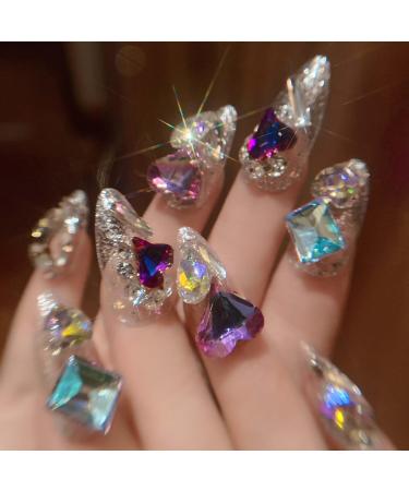 Almond Press on Nails Medium False Nails Stiletto Handmade Glue on Nails with 3D Big Jewel Rhinestones Designs Full Cover Nails Silver Glitter Press Ons Gift for Mother's day (Transparency)