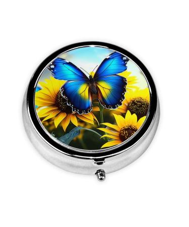 Sunflower Blue Butterfly Portable Metal Pill Box Round Mini 3-Compartment Plastic Insert hinged Fastening Design Suitable for Small Pills Must-Have for Travel