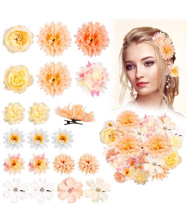 QUEEN KING 21pcs Flower Hair Clip Rose Hair Clips Accessories Flower Pin up Flower Brooch Floral Hairpin Brooch Hair Flowers Pin Flower Brooch for Girls Wedding  Multicolor Beige