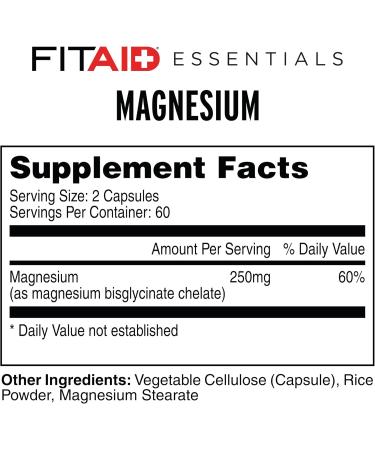 FITAID Essentials Magnesium Glycinate Capsules High Potency Recovery for Weightlifting Running Cycling Muscle Fatigue Relief Bone Health 2 Month Supply 120 Bioavailable Veggie Capsules Magensium Glycinate - Buy Online on GoSupps.com