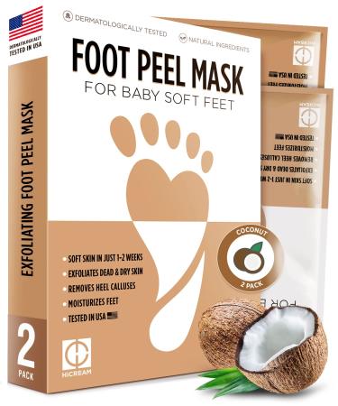 Hicream Foot Peel Mask- 2 Pairs of Regular Skin Exfoliating Foot mask For Cracked Heels, Dead Skin & Calluses, Removes & Repairs Rough Heels, Dry Toe Skin, Coconut Scent Coconut 2 Count (Pack of 1)