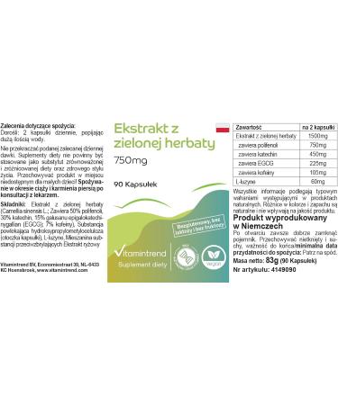 Extrait de th vert 750mg - 1500mg par dose journali re dont 225mg EGCG - 90 g lules- hautement dos - dosage s r - vegan - suppl ments d'Allemagne | Vitamintrend - Buy Online on GoSupps.com