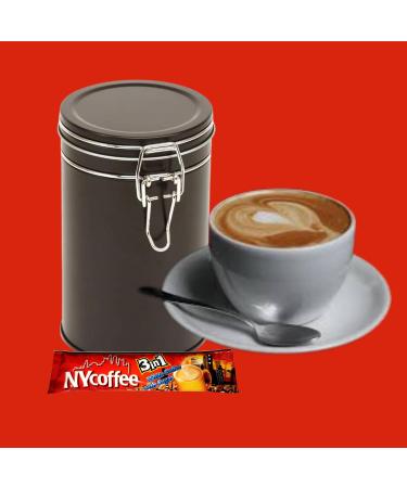 NY 3-in-1 White Coffee Sachets Individually Wrapped with Sugar 10 x 14g Bundle with Black Refillable Cannister and Latte Spoon Set for Home Desk or Travel - Buy Online on GoSupps.com