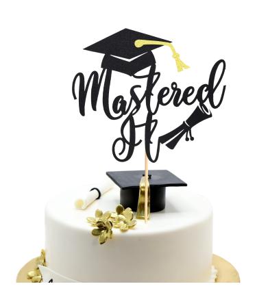 Arthsdite 1Pc Mastered It Cake Topper College Grad Class of 2024 Congratulations MBA Graduation Party Decorations Supplies - Black Glitter Black Mastered It Cake Topper