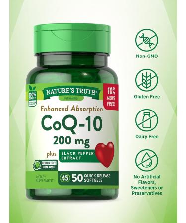 Nature's Truth CoQ10 200 mg Softgels - Enhanced Absorption Supplement with Black Pepper Extract | Non-GMO Gluten Free | 50 Count for Optimal Health - Buy Online on GoSupps.com