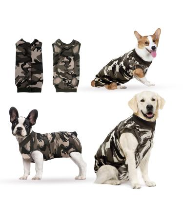 Hipet recovery suit for dogs cats after the operation male/female prevents licking abdominal wounds spay or skin diseases e-neck band alternative for pets (XXL camouflage) XXL camouflage
