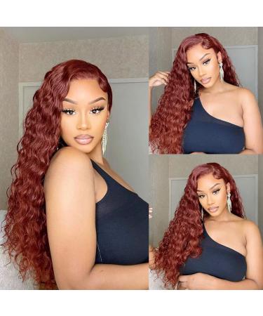 Reddish Brown Deep Wave Lace Front Human Hair Wig 180% Density | 13X4 HD Lace Frontal Copper Red Colored Curly Glueless Wig Pre Plucked for Black Women - Buy Online on GoSupps.com