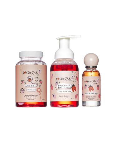 DANS UN JARDIN - Kids Bodycare Set Made in Canada - Bubble Bath Eau de toilette & Foaming Hand Soap - Coccinelle Collection - Strawberry Fragrance - Gentle On The Skin - Skin-Friendly Gift - 4Pack