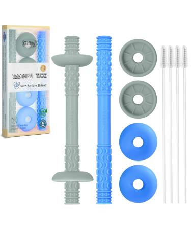 Teething Tube with Safety Shield Baby Hollow Teether Sensory Toys Gum Massager  Food-Grade Silicone for Infant 3-12 Months Boys Girls  1 Pair with 4 Cleaning Brush Included (Blue+Grey)