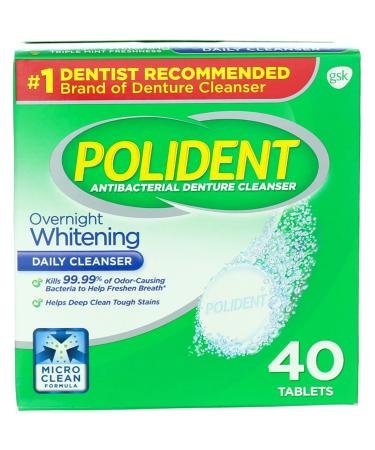Polident Overnight Whitening Antibacterial Denture Cleanser Triple Mint Freshness 40 ea (Pack of 6)