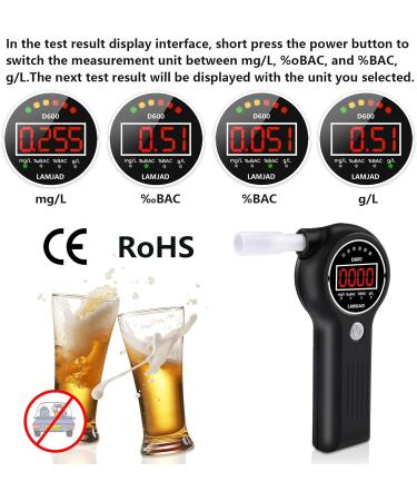 LAMJAD Breathalyser Alcohol Tester D600 with 10 Mouthpieces, Alarm Light, and LED Display - Portable for Personal & Professional Use - Buy Online on GoSupps.com
