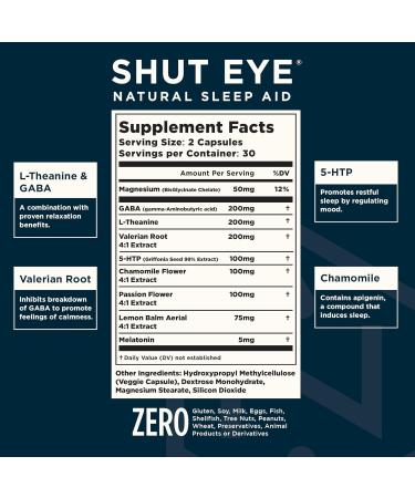 Nuvana Shut Eye Natural Sleep Aid Supplement for Adults | 5mg Melatonin | Helps Relax and Promote Natural Deep Sleep with Valerian Root Chamomile & Magnesium | Vegan & Non-GMO | 60 Capsules - Buy Online on GoSupps.com